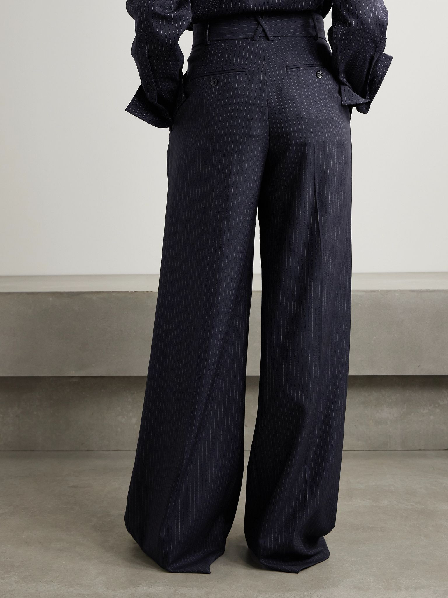 Pleated pinstriped wool-blend wide-leg pants Navy - 4