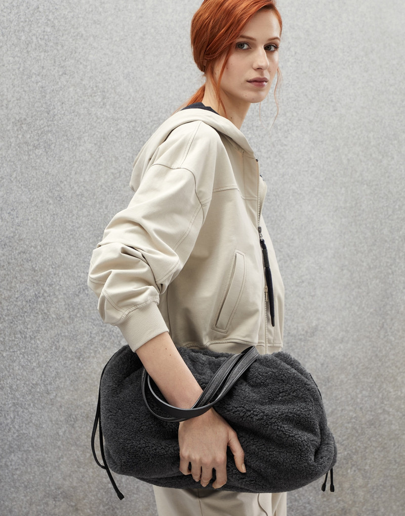 Brunello Cucinelli Virgin wool and cashmere fleecy soft shopper bag with shiny handles outlook