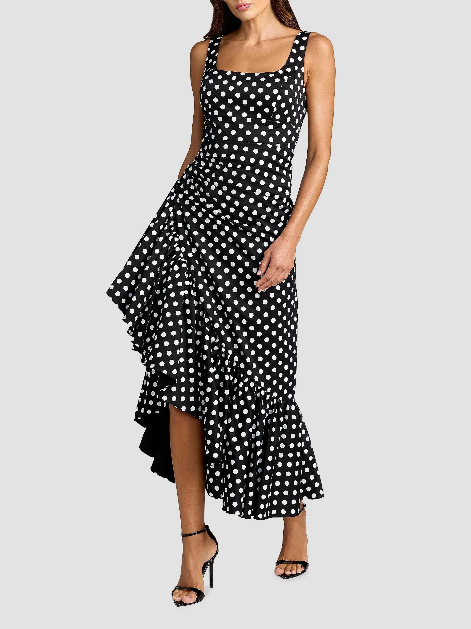 Women's Asymmetric Ruffle Polka Dot Maxi Dress - Black Ivory - 1