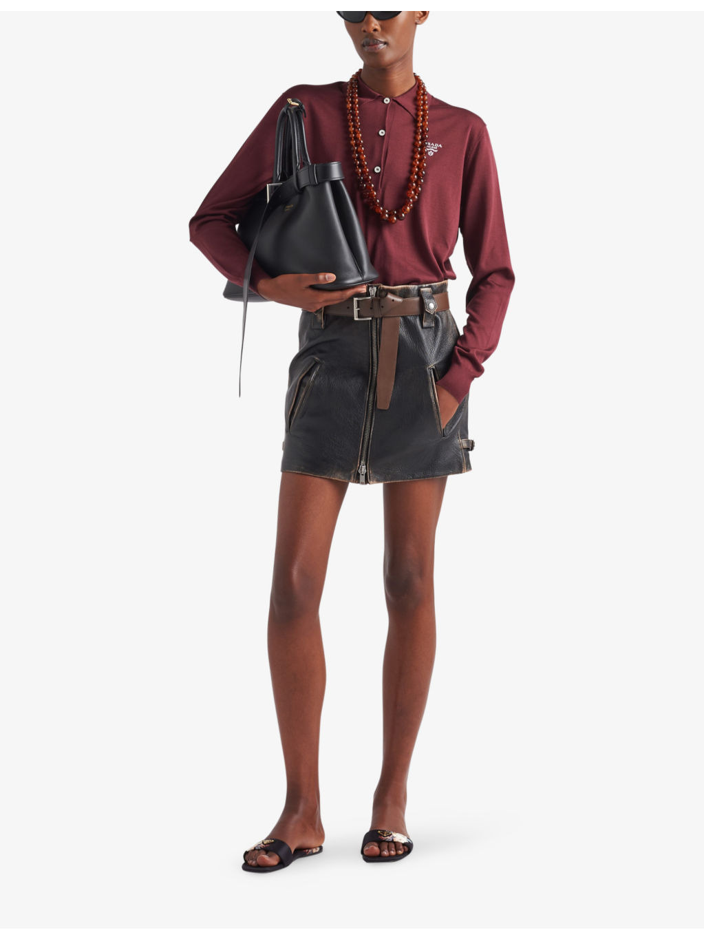 Vintage-finish buckle-trim leather mini skirt - 2