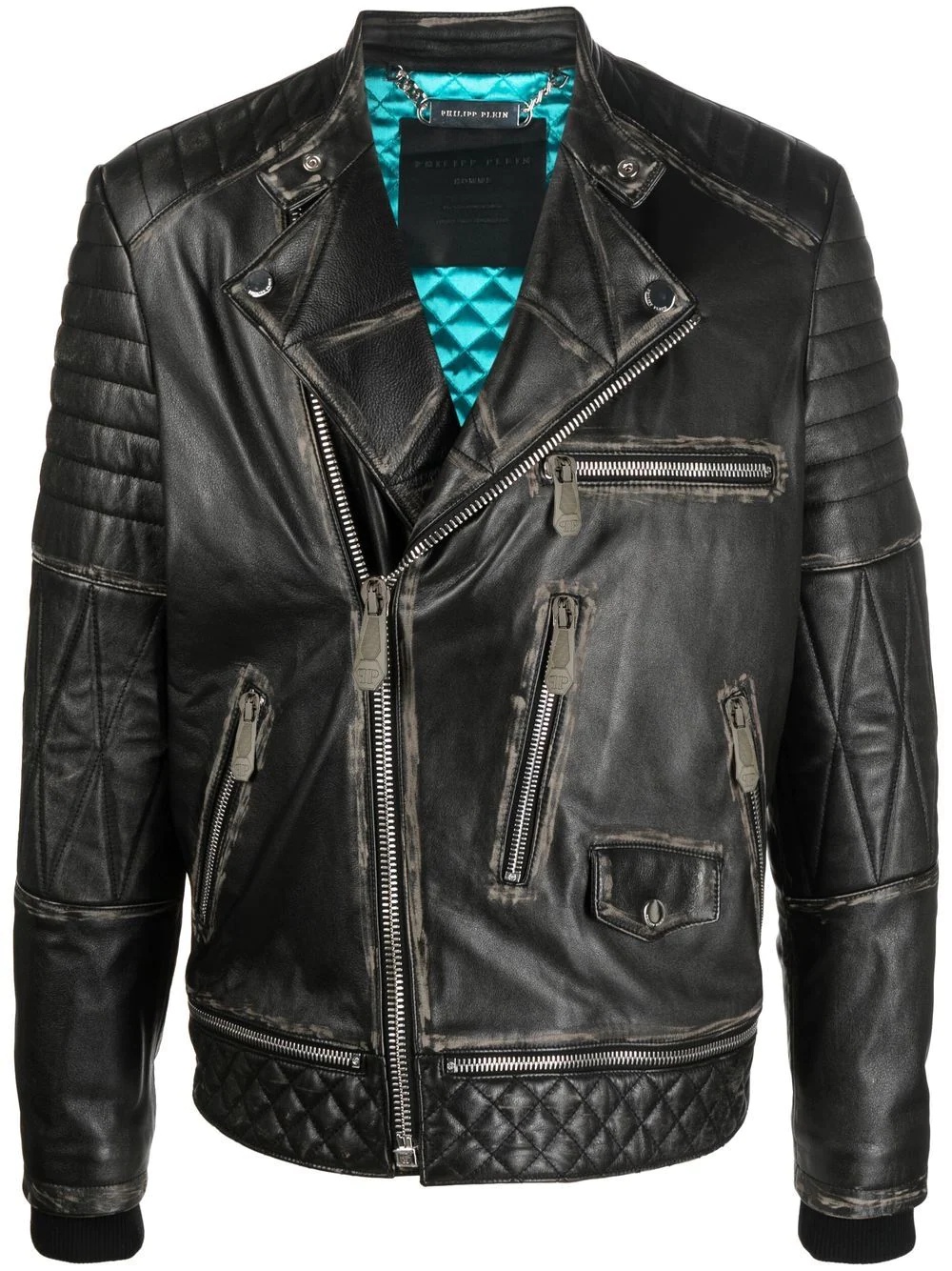 logo-plaque leather biker jacket - 1