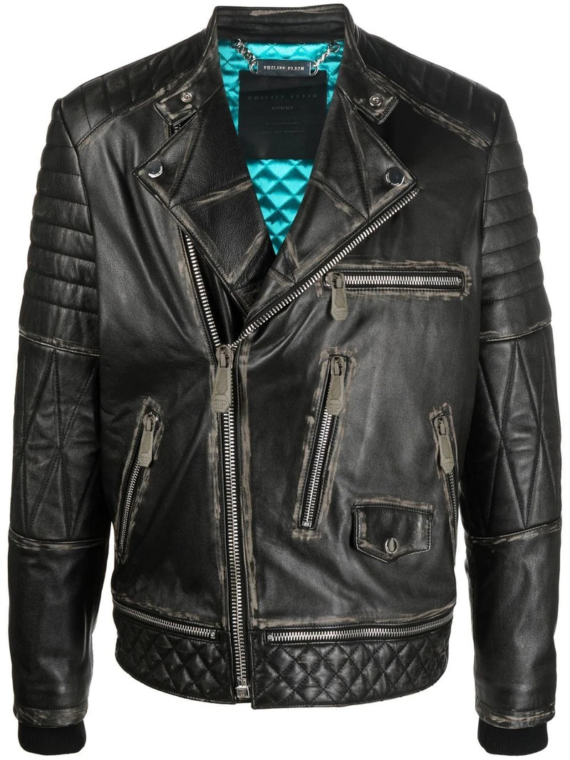 logo-plaque leather biker jacket 1