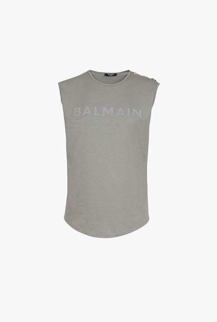 Taupe gray cotton T-shirt with flocked light gray Balmain logo - 1