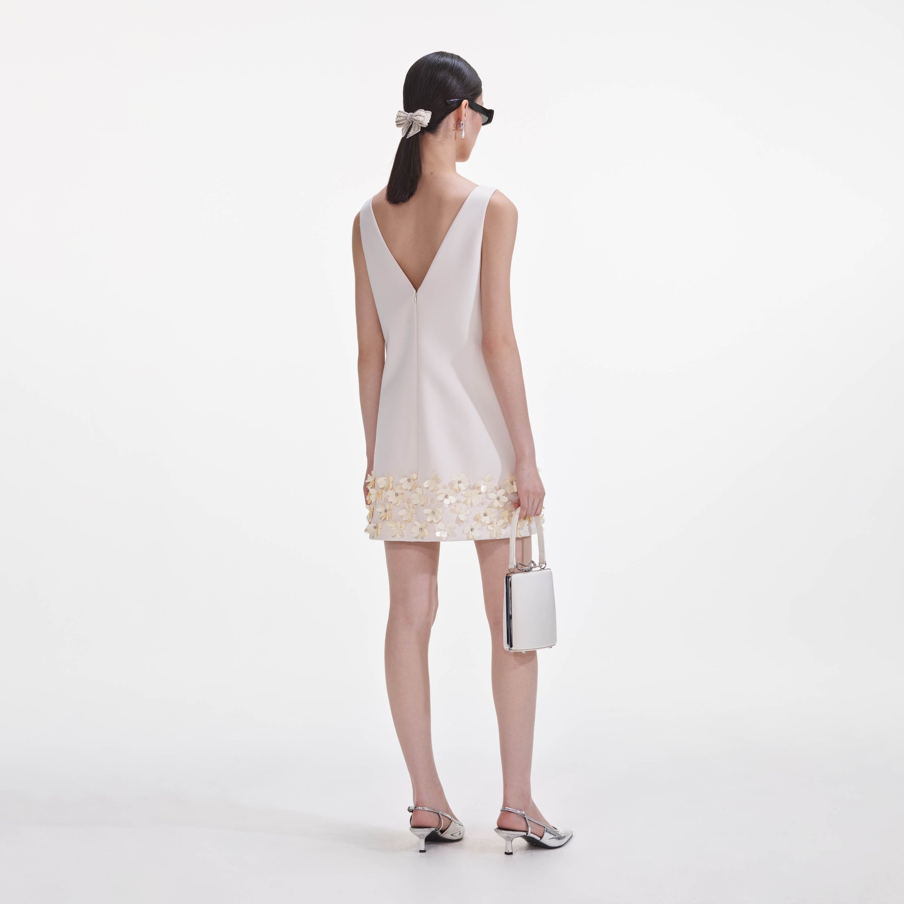 Cream Crepe 3D Sequin Mini Dress - 3