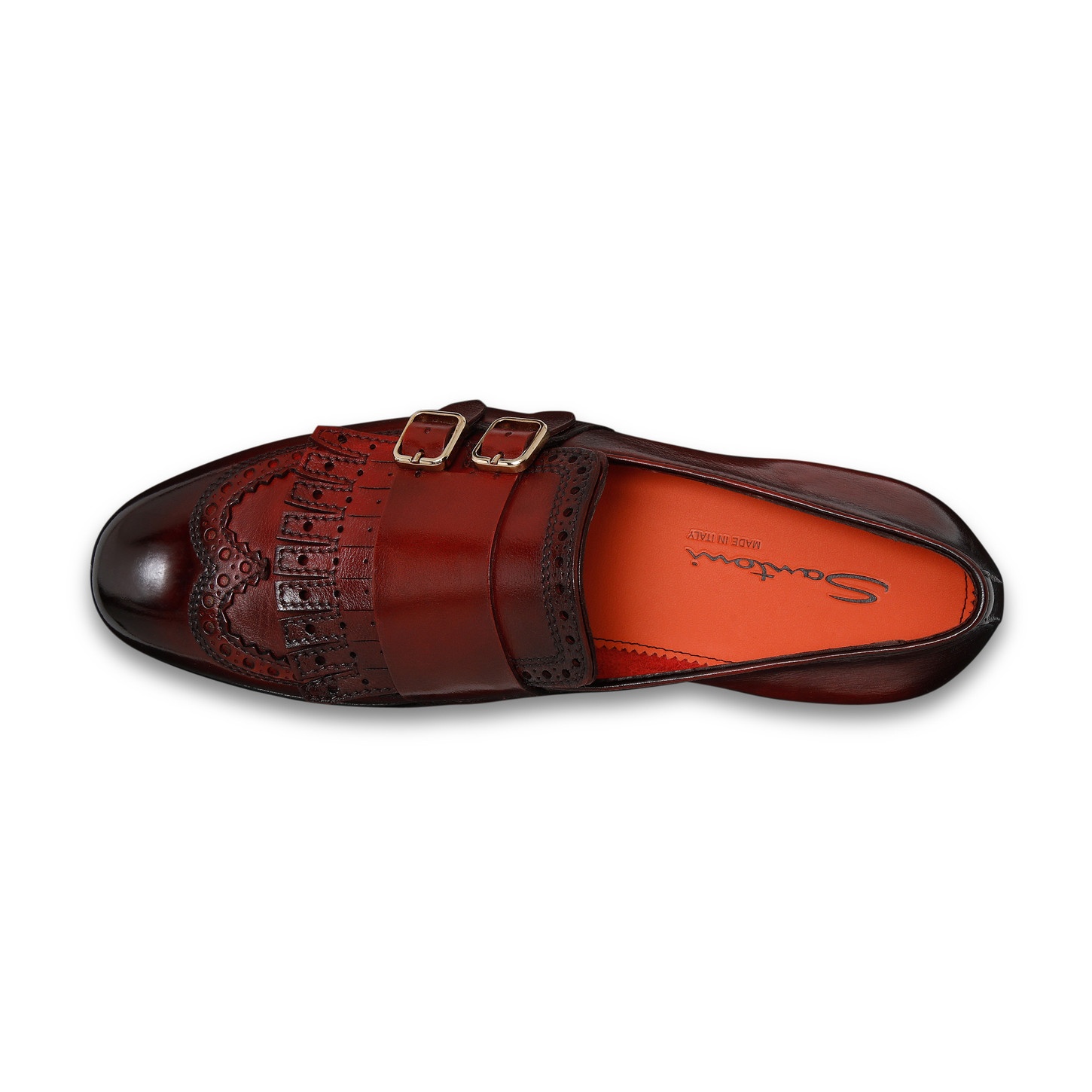 Men's red leather double-buckle loafer with fringe - 5