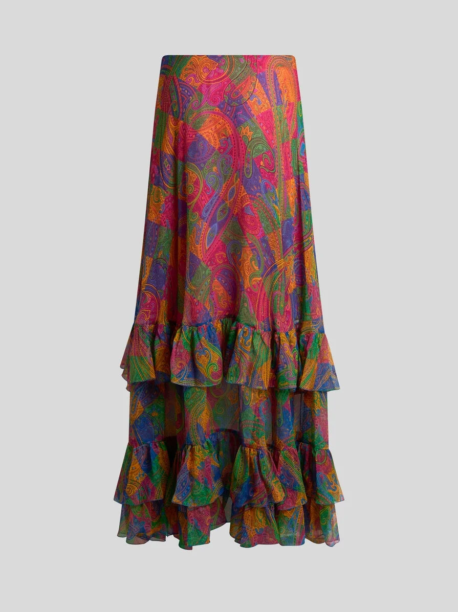 SILK CREPON MAXI SKIRT WITH RUFFLES AND GEOMETRIC PAISLEY MOTIF - 1