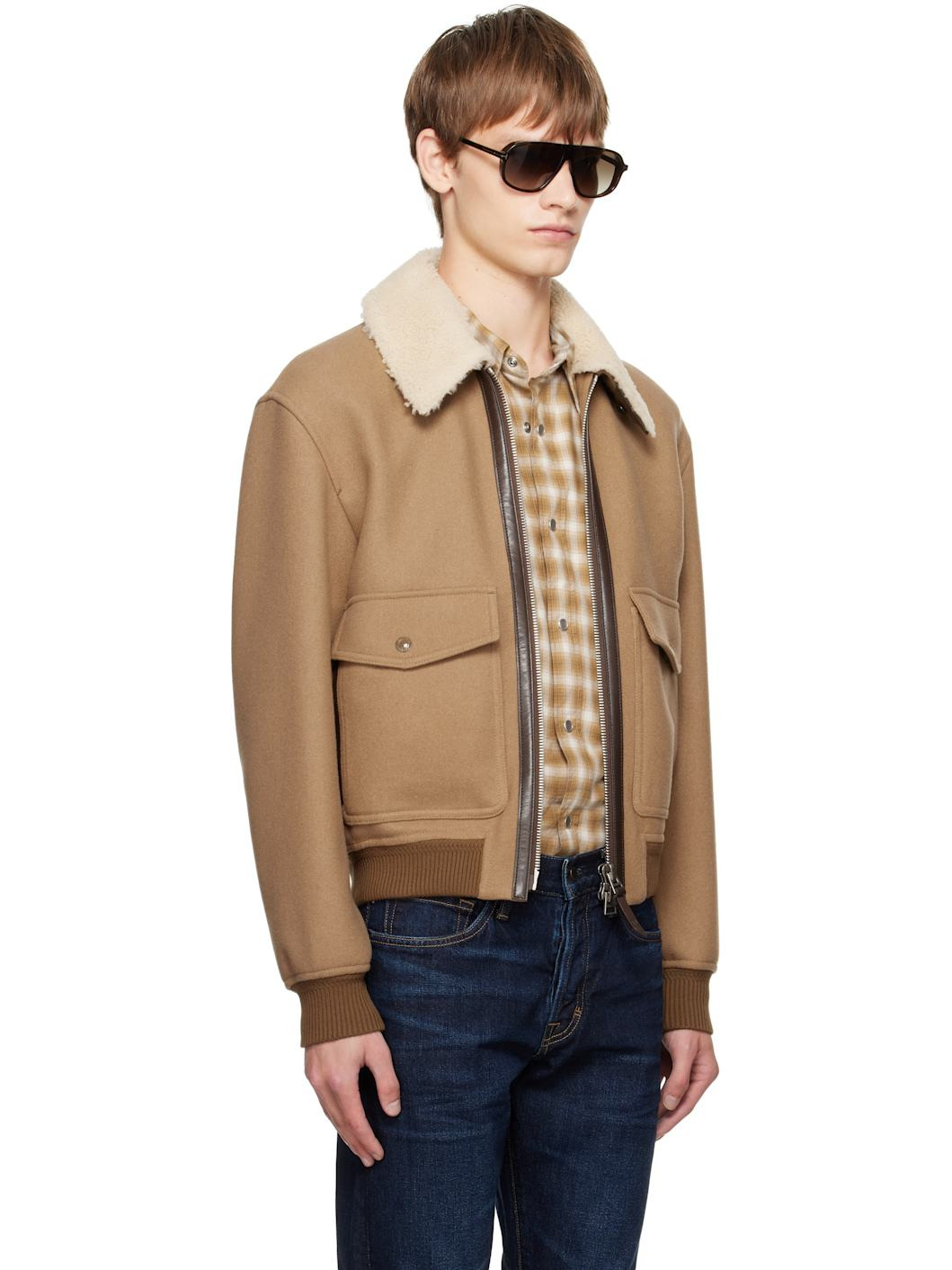 Beige Double Splittable Shearling Collar Bomber Jacket - 2
