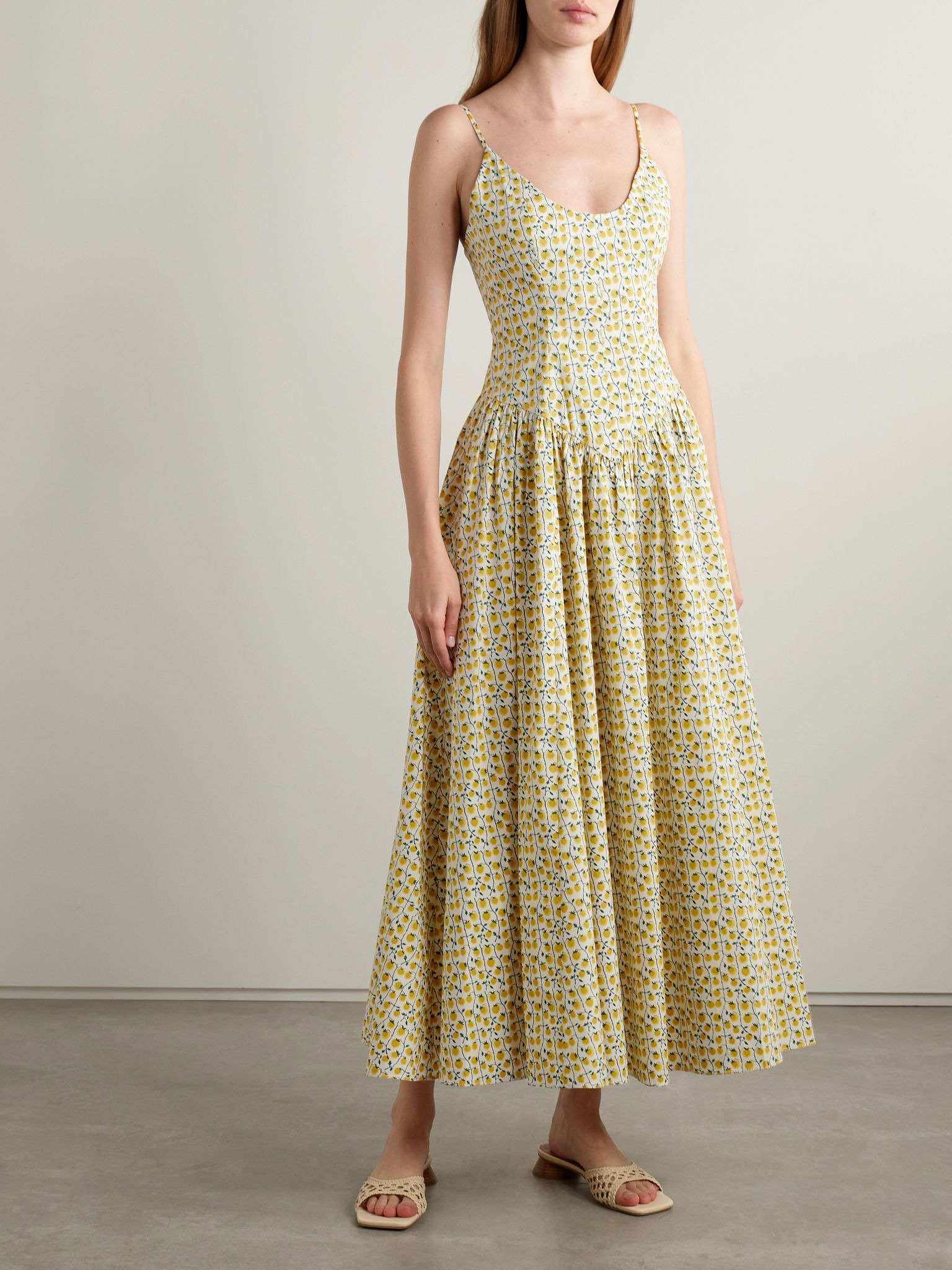Dena pleated printed cotton-blend poplin maxi dress Pastel yellow - 3
