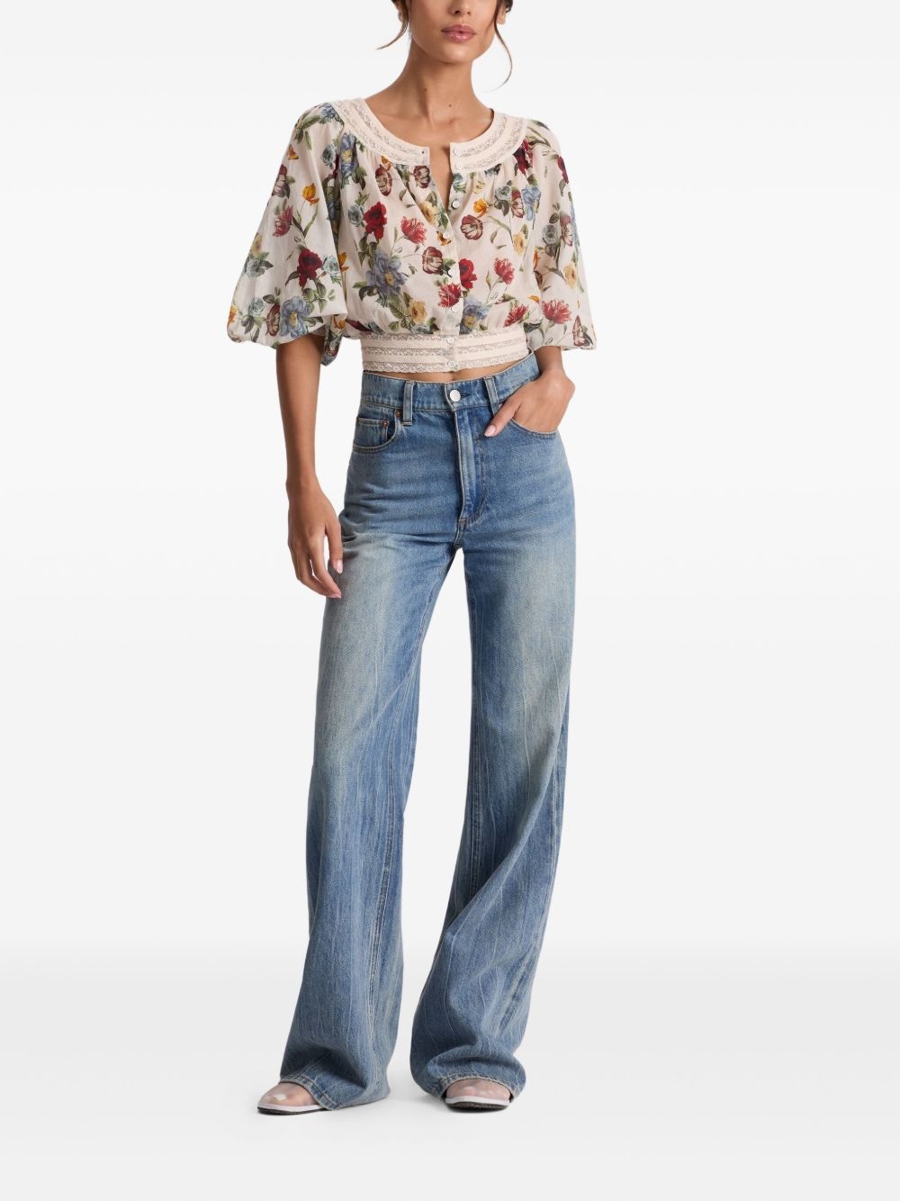 floral lace-trimmed blouse - 2