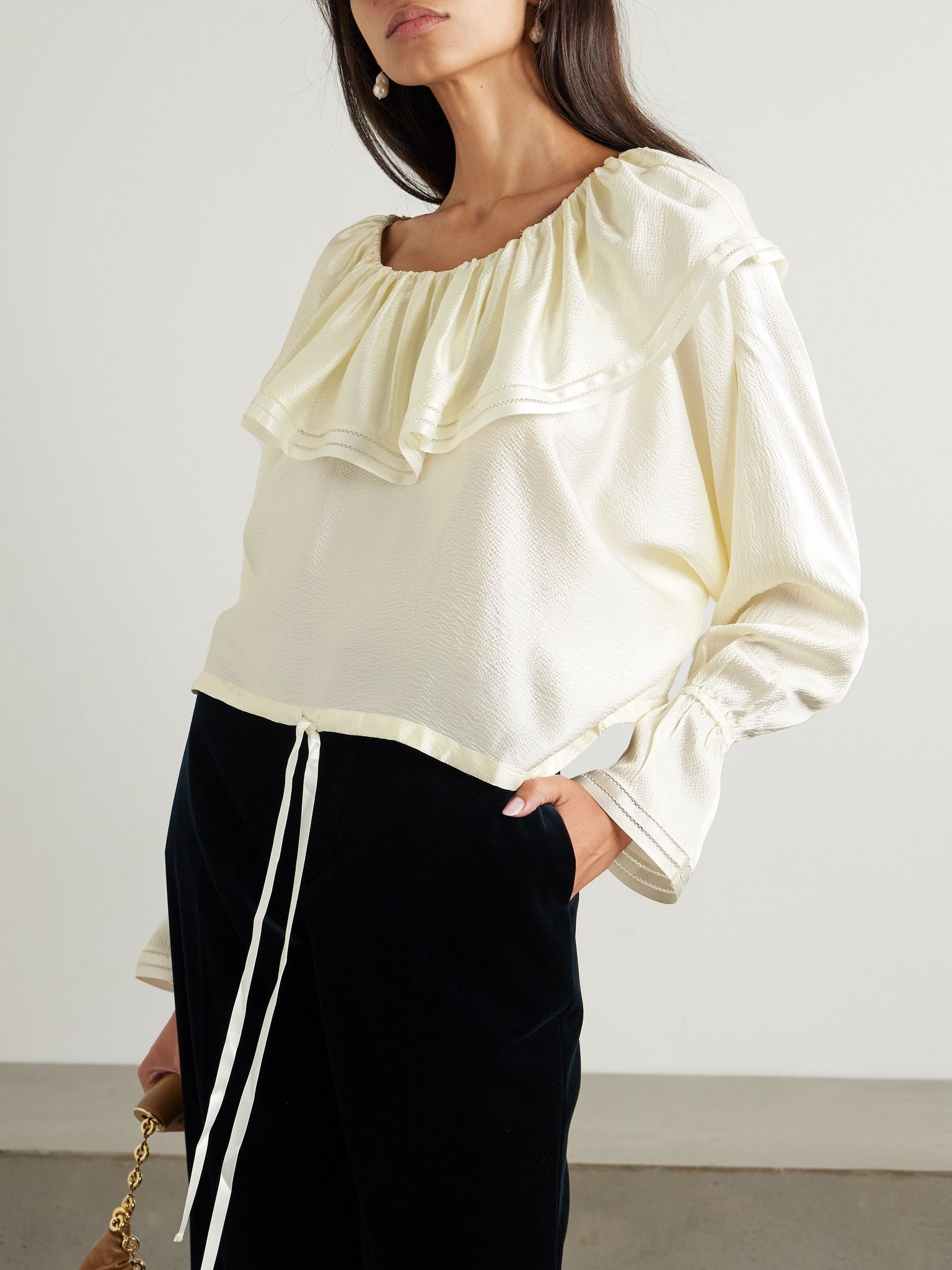Claret off-the-shoulder ruffled pointelle-trimmed hammered-silk blouse Ivory - 3