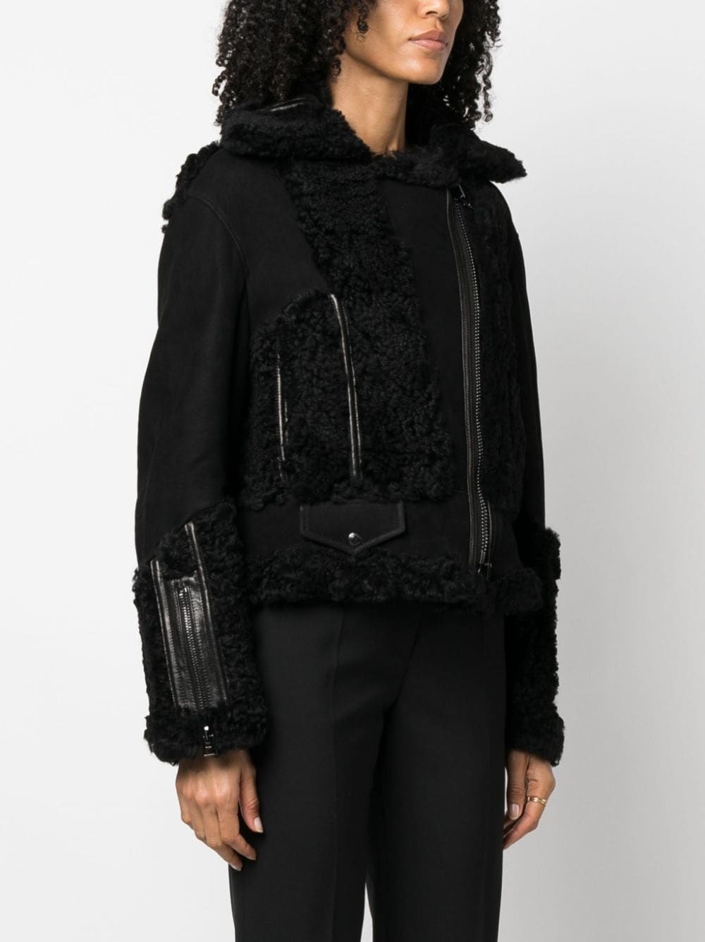 shearling zip-up leather jacket - 3