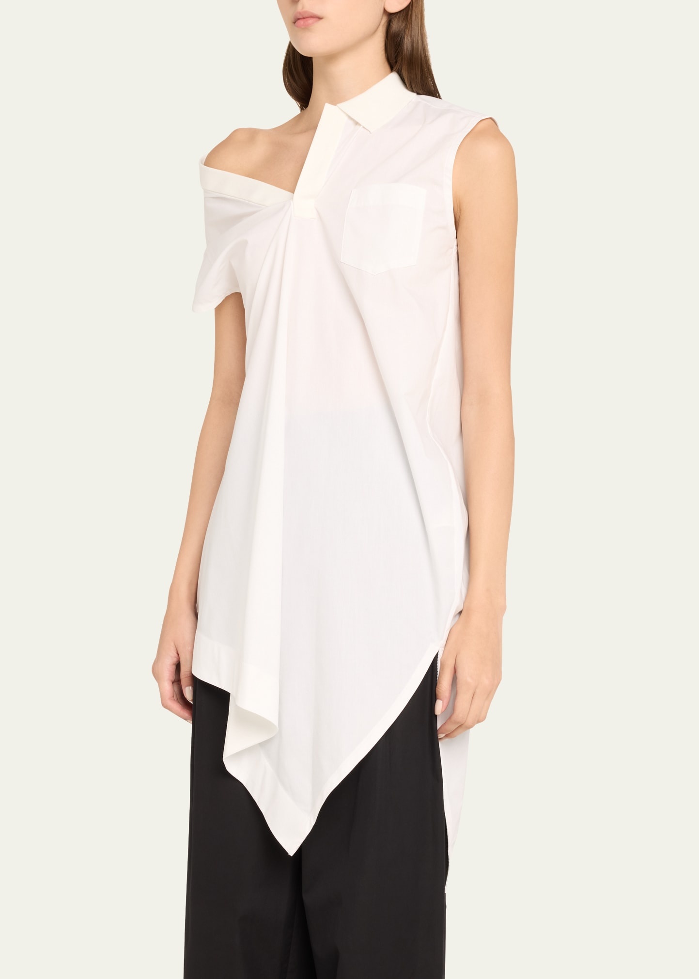 Asymmetric Off-The-Shoulder Poplin Tunic Shirt - 4