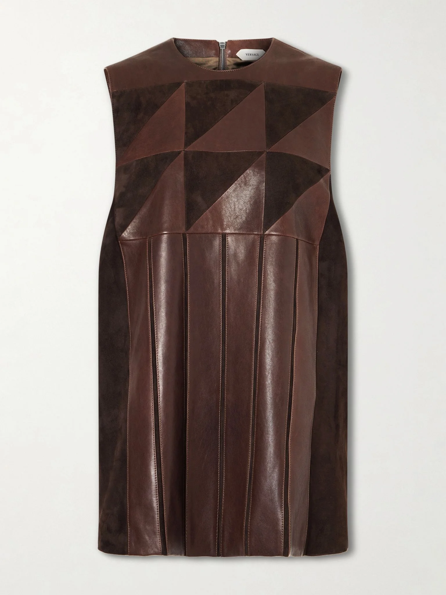 Patchwork suede-trimmed leather mini dress Dark brown - 1