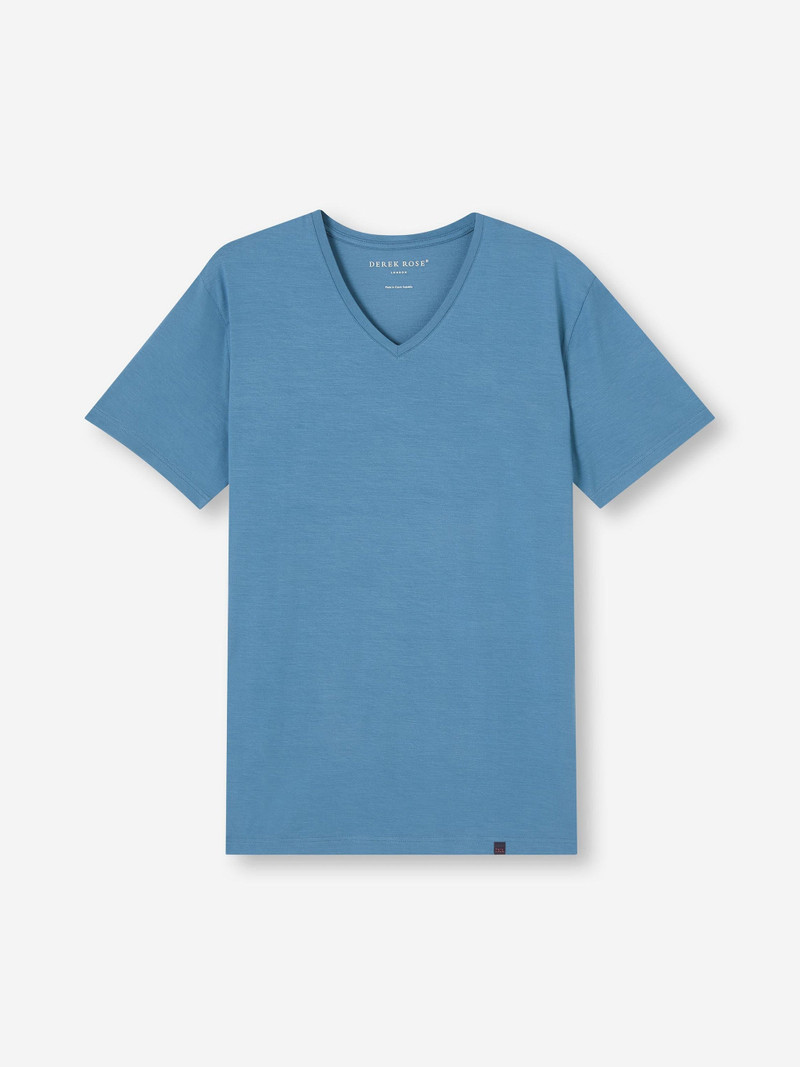 Derek Rose Men's V-Neck T-Shirt Basel Micro Modal Stretch Steel Blue outlook