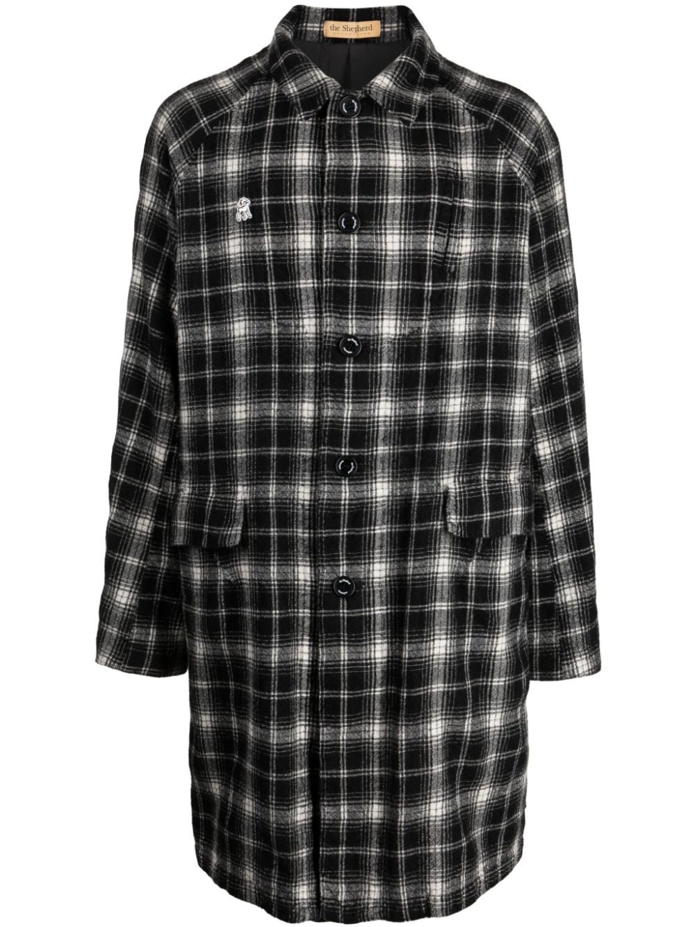 check-pattern logo-patch wool coat - 1