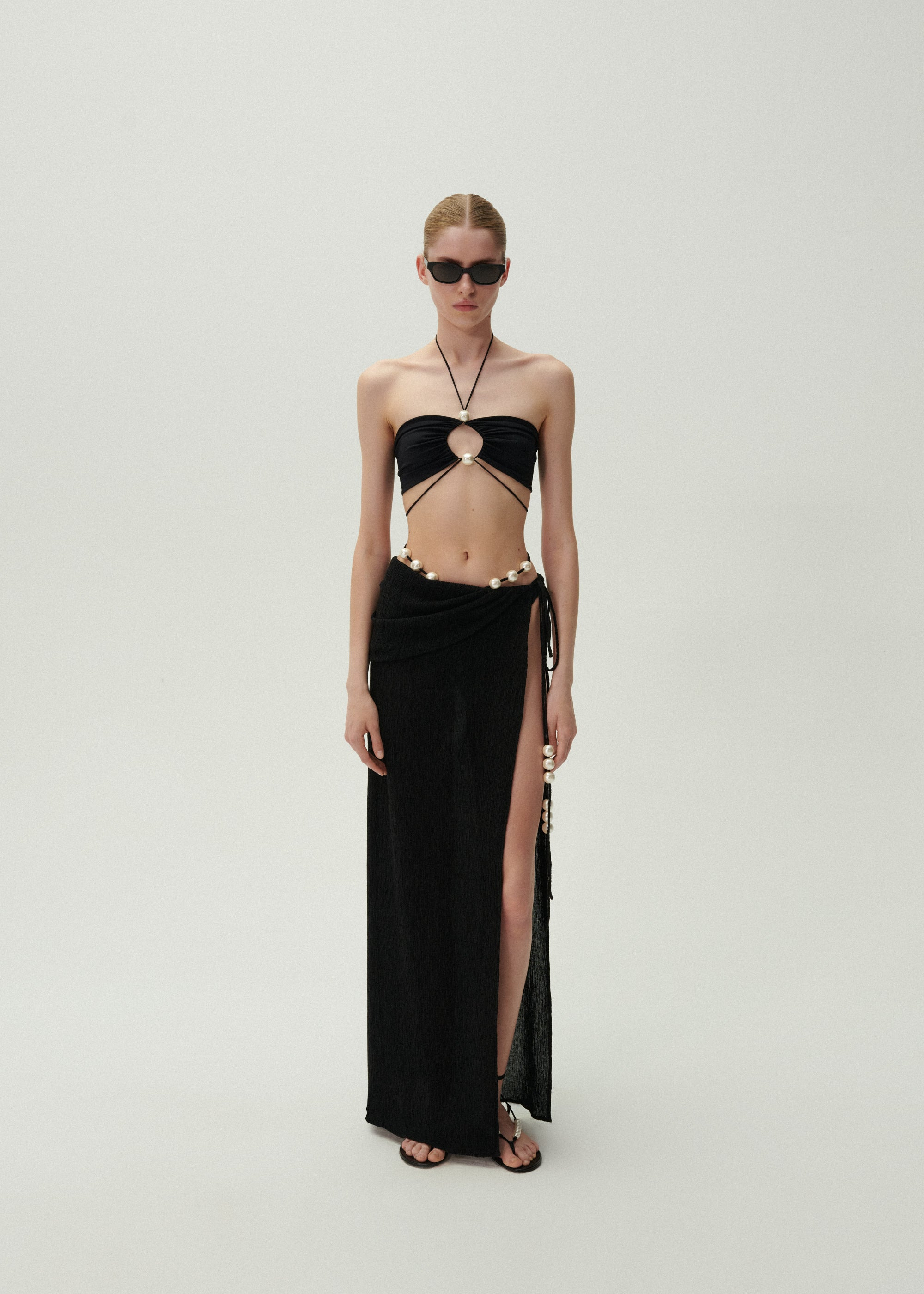 Asymmetrical pearl maxi skirt in black - 3