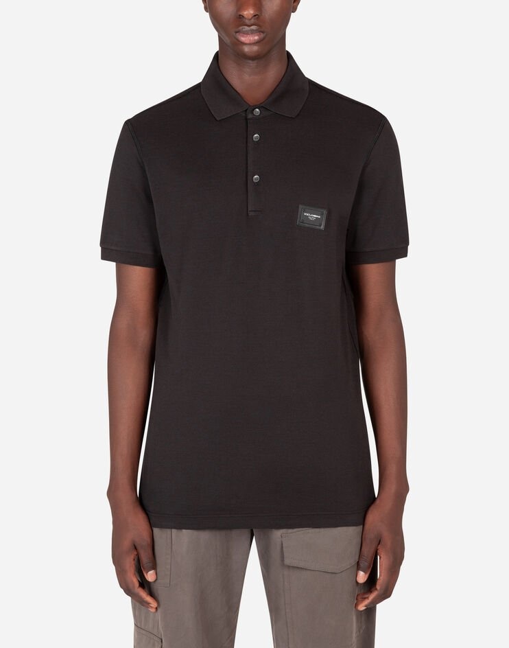 Cotton piqué polo shirt with branded plate - 1