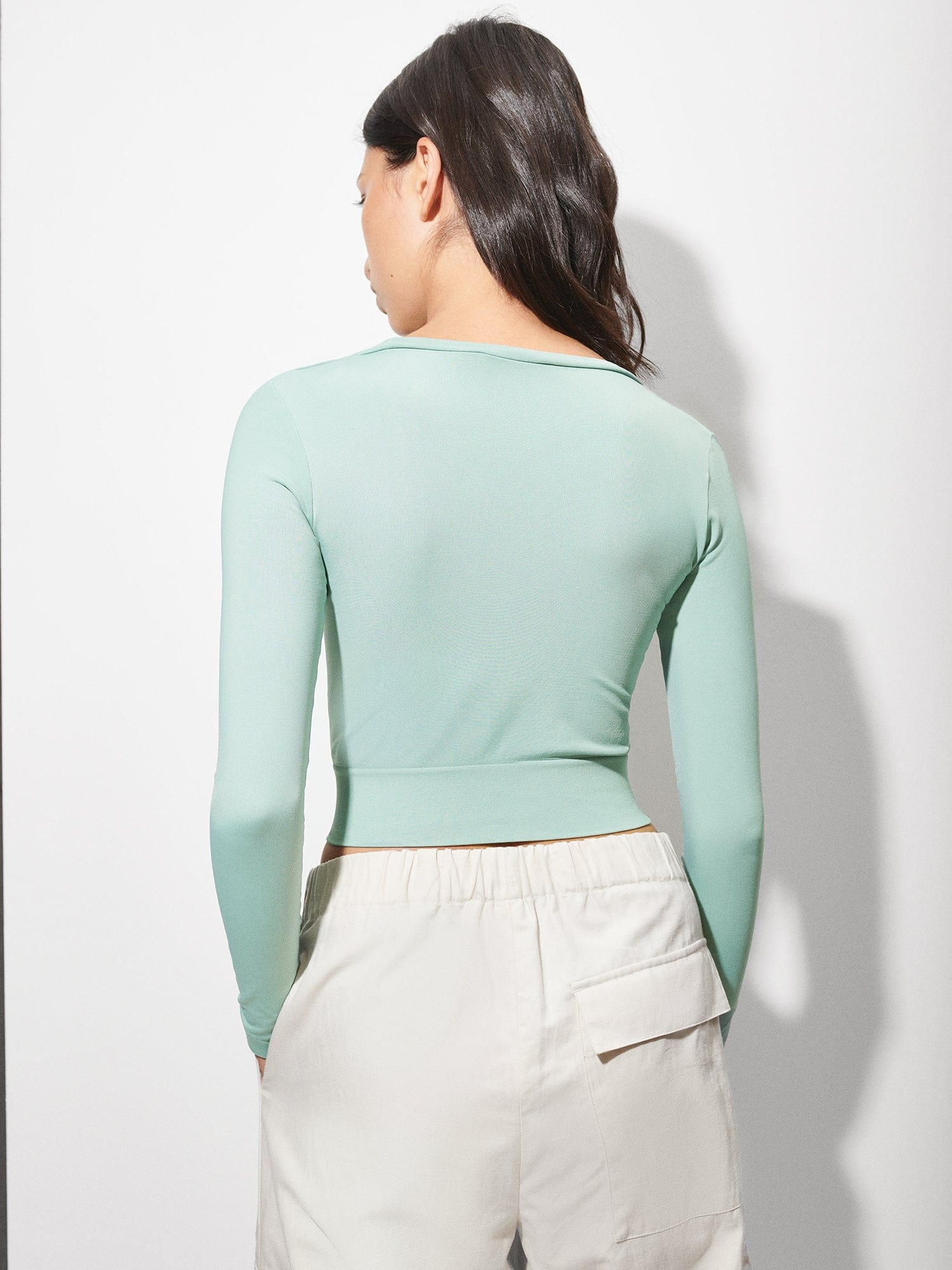 Women's Plant-Stretch Long Sleeve Cropped Top - Eucalyptus Blue - 3