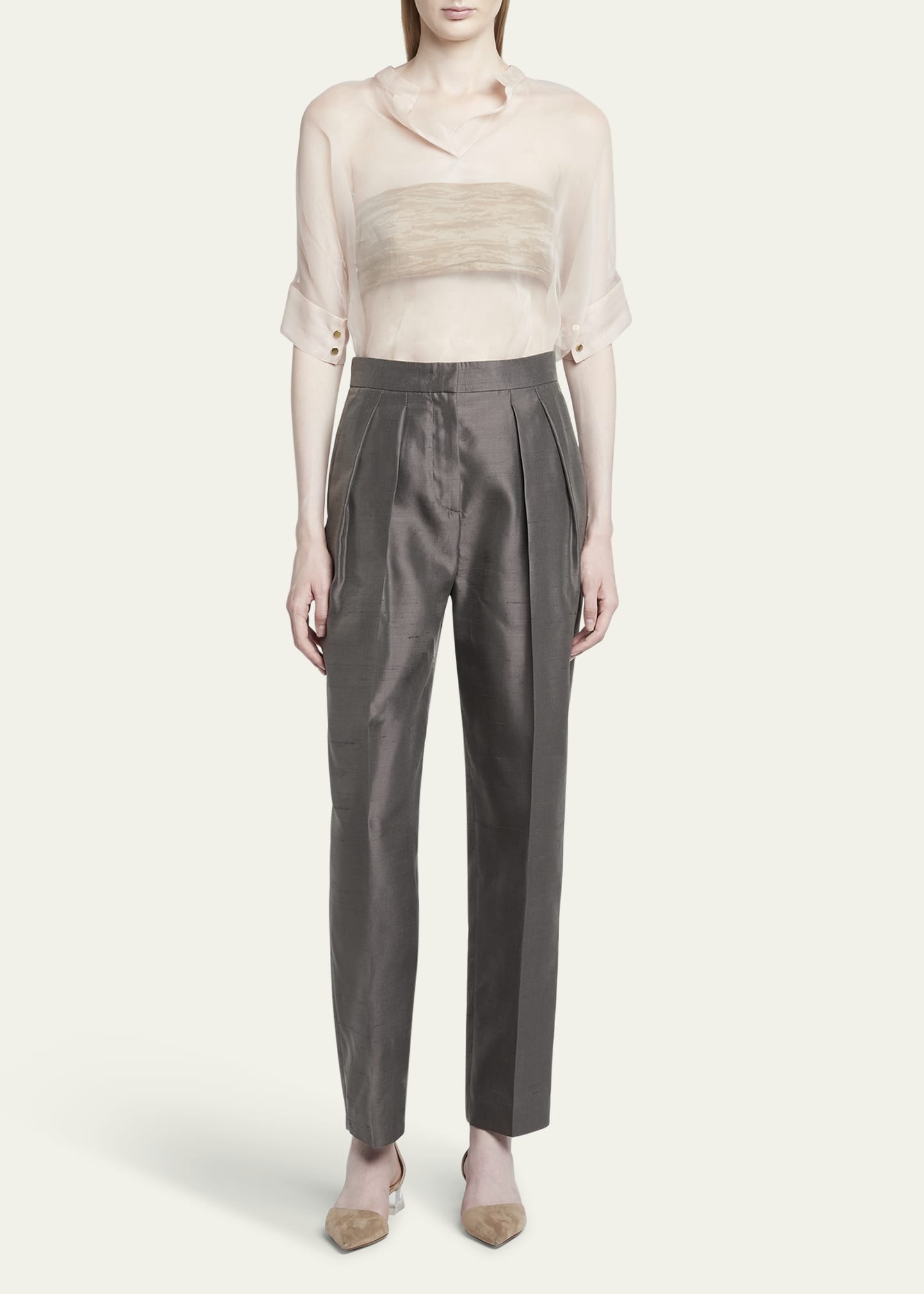 Shantung Silk Pleated Straight-Leg Trousers - 2
