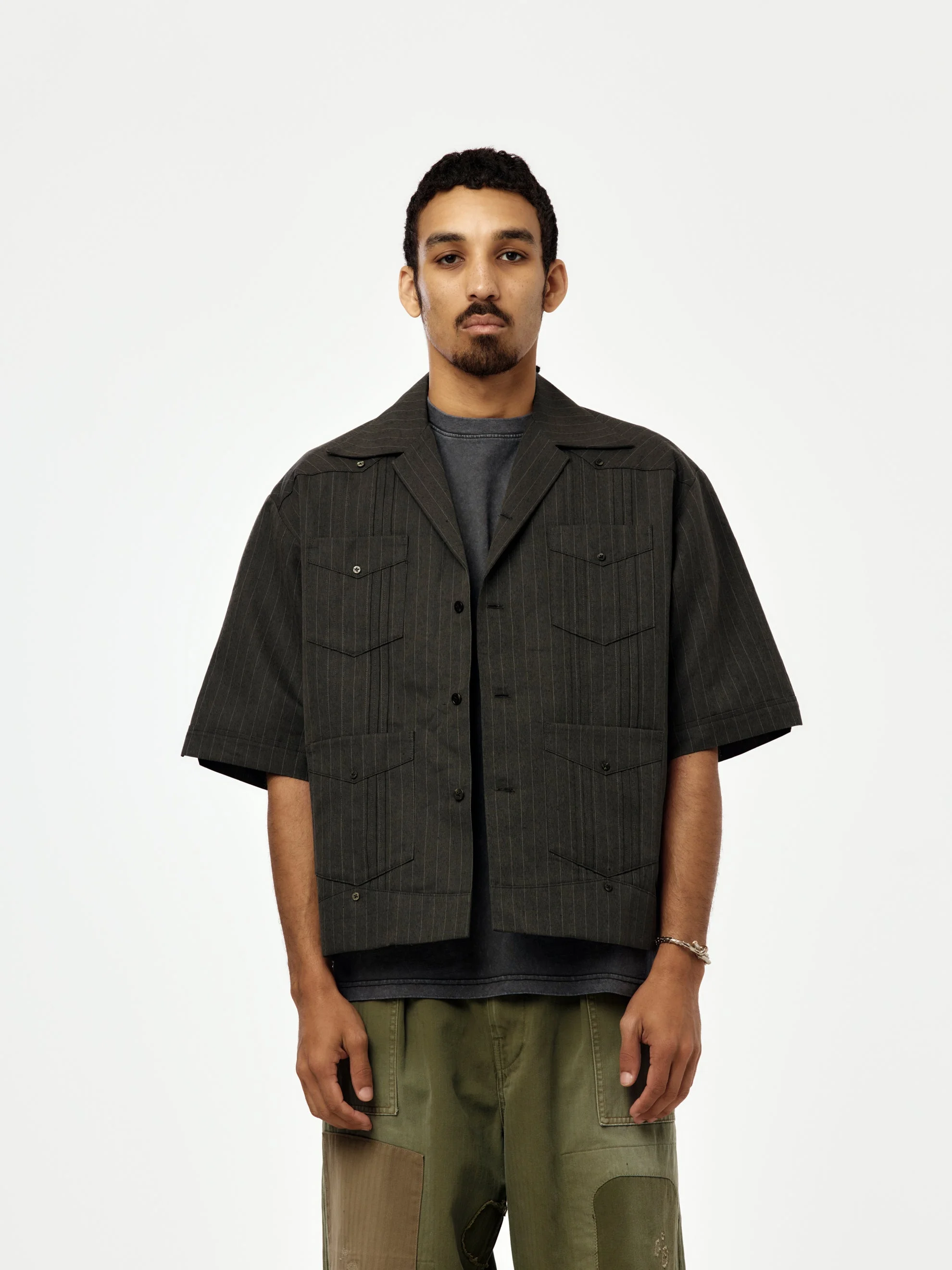 COTTON LINEN HERRINGBONE STRIPE SHORT SLEEVE CUBA JACKET (CHARCOAL) - 1