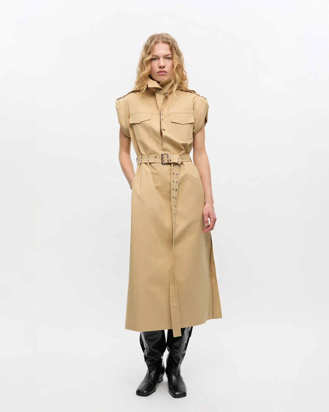 BEIGE STRETCH COWL NECK LONG DRESS - 2