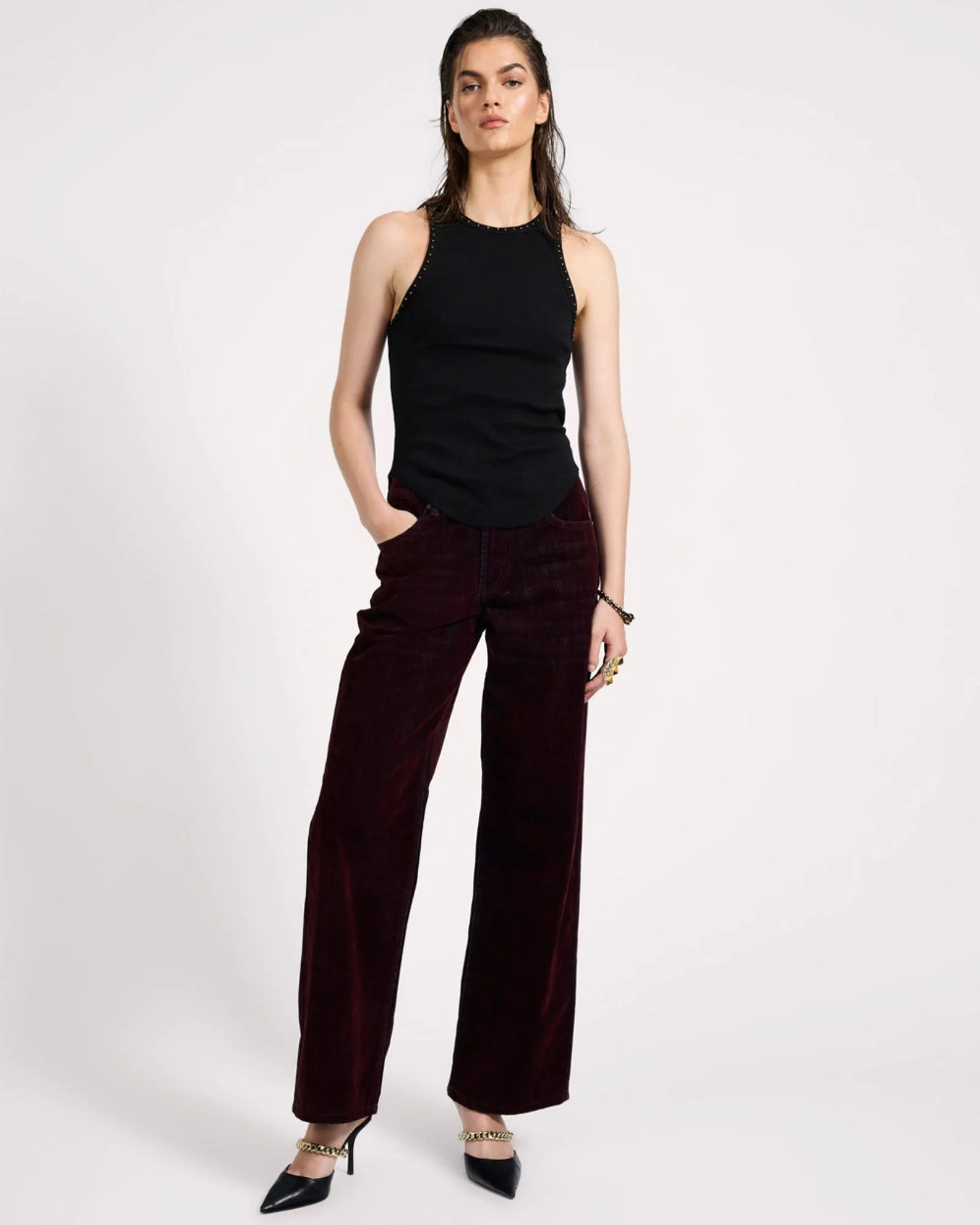 Jackson Mid Waist Wide Leg Velvet Finish Denim Jeans - Flocked Maroon - 1