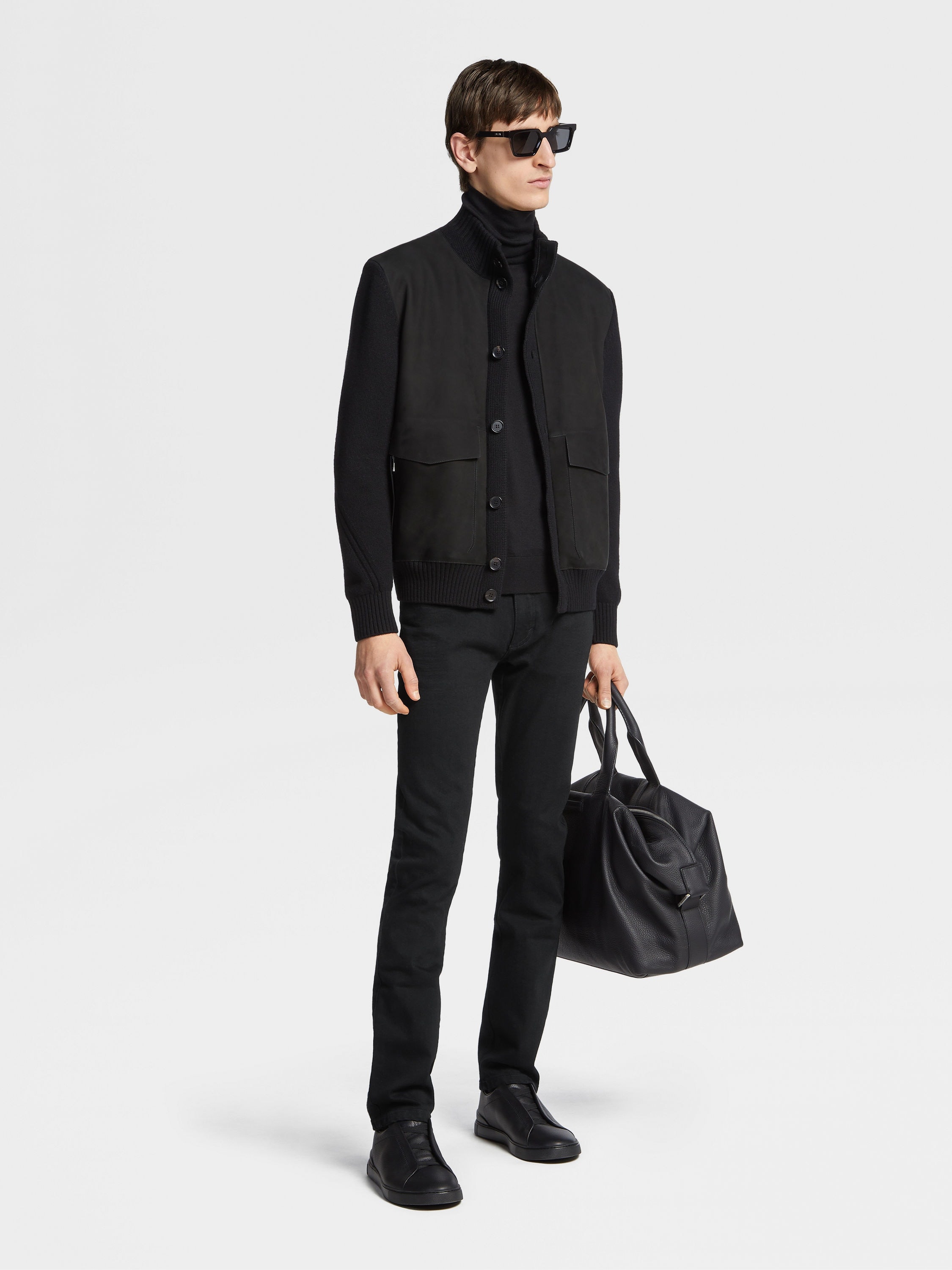 BLACK RINSE-WASHED STRETCH COTTON ROCCIA JEANS - 6