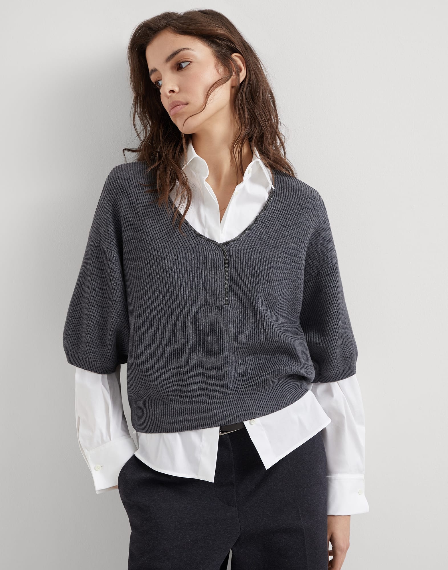 Cotton English rib short sleeve sweater with shiny neckline - 4
