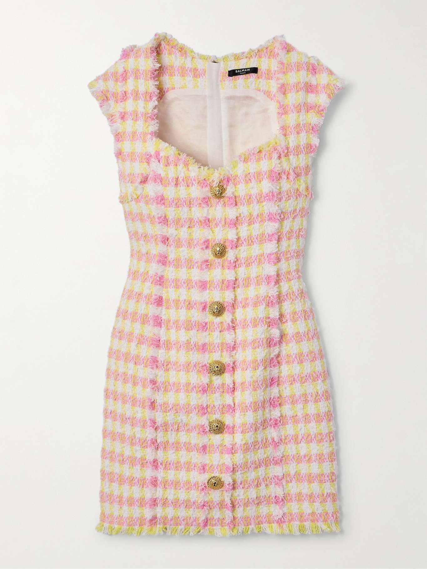 Button-embellished frayed checked cotton-blend tweed mini dress - 1