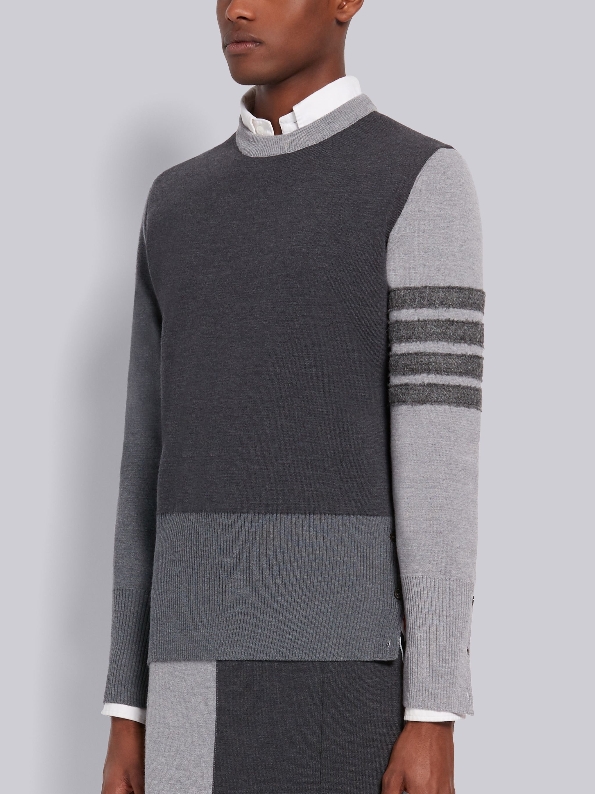 Grey Fun-Mix Milano Stitch Fine Merino Wool Crewneck Shetland 4-Bar Pullover - 2