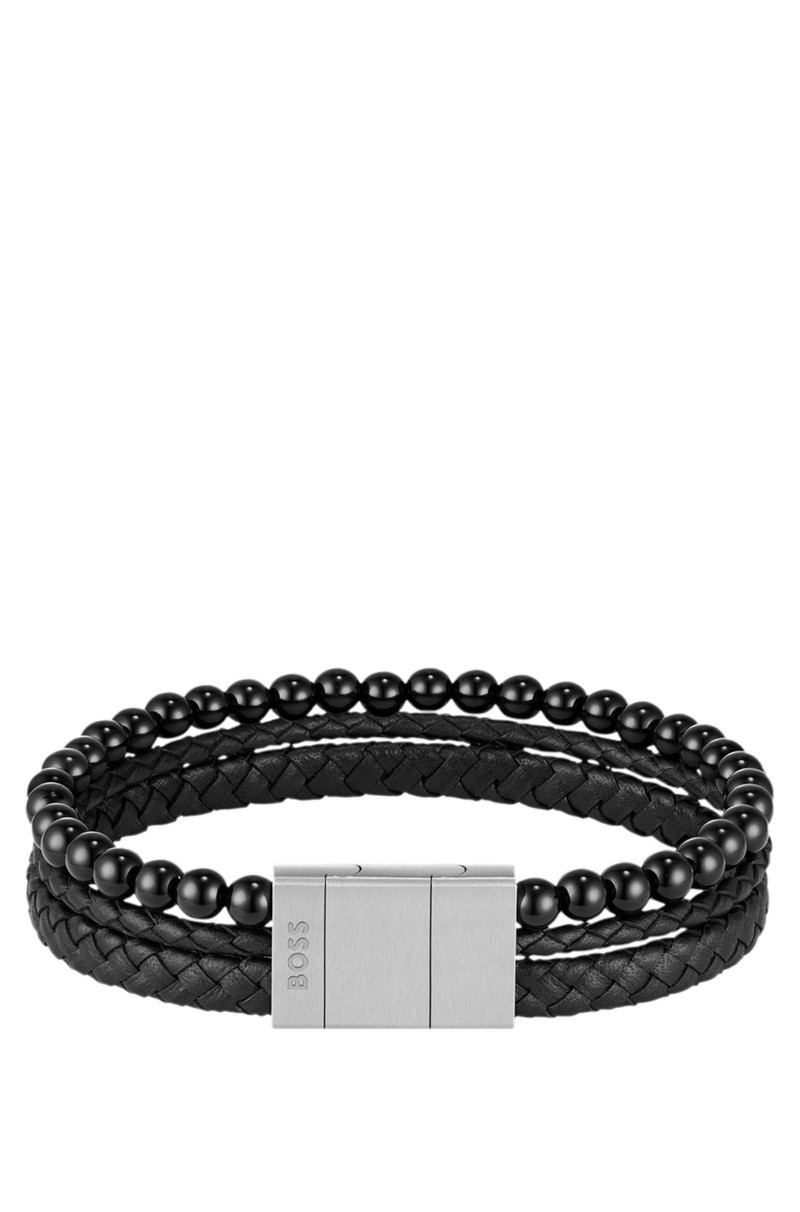 BOSS CUFF WITH BRAIDED BLACK LEATHER AND BEADS outlook