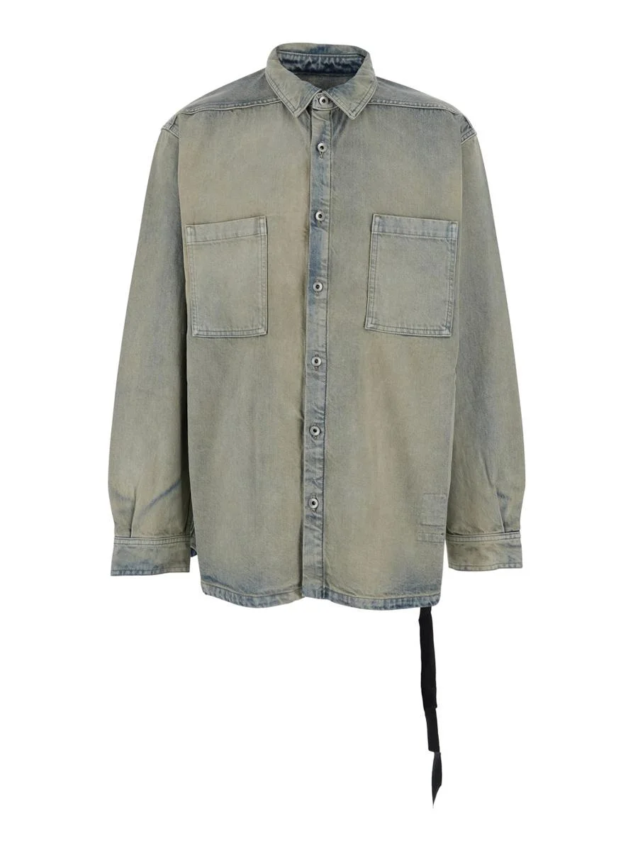 Rick Owens Drkshdw Light Blue Jacket With Classic Collar And Drawstring Detail On The Waist In Denim - 1