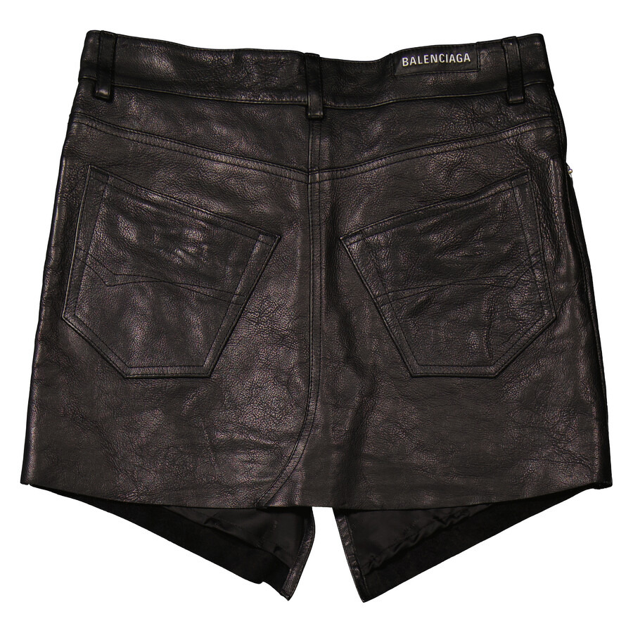 Balenciaga Ladies Black Cut-Up Leather Mini Skirt - 2