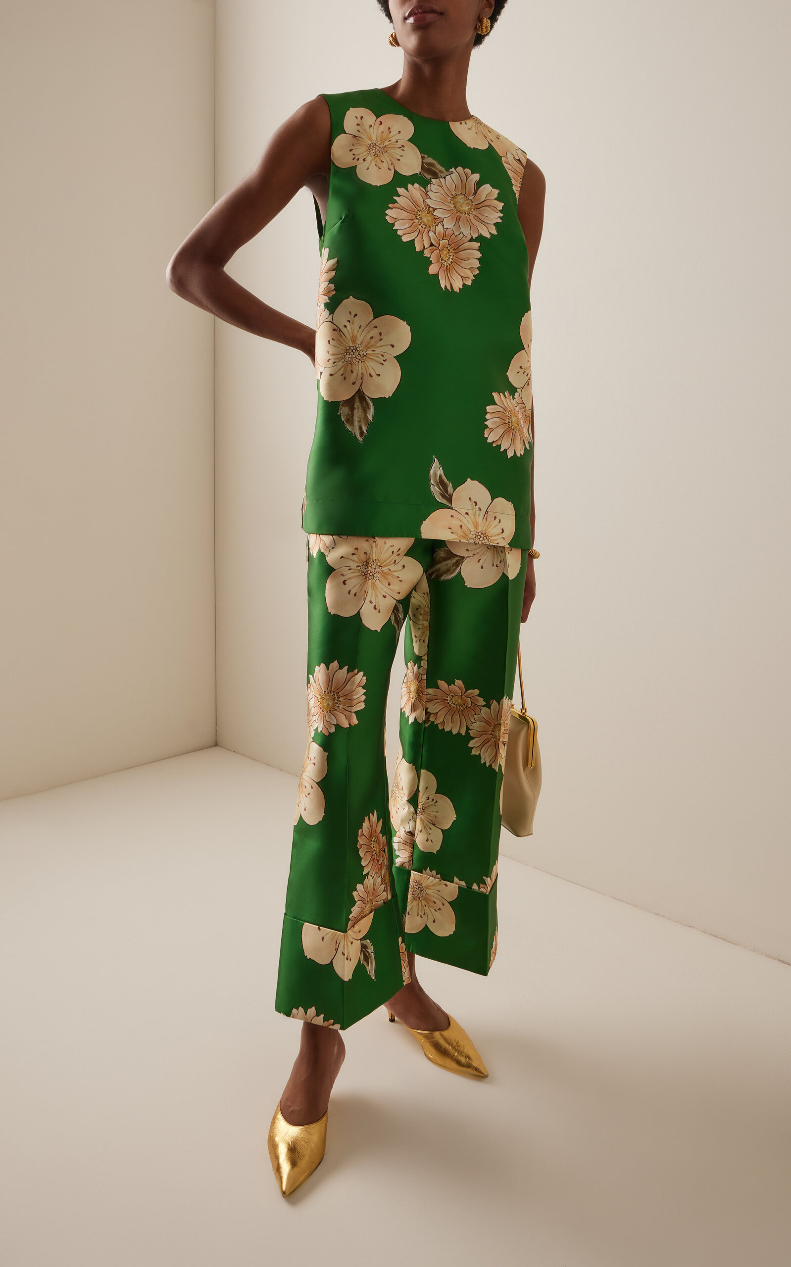 Sage Printed Satin Flared Pants green - 2