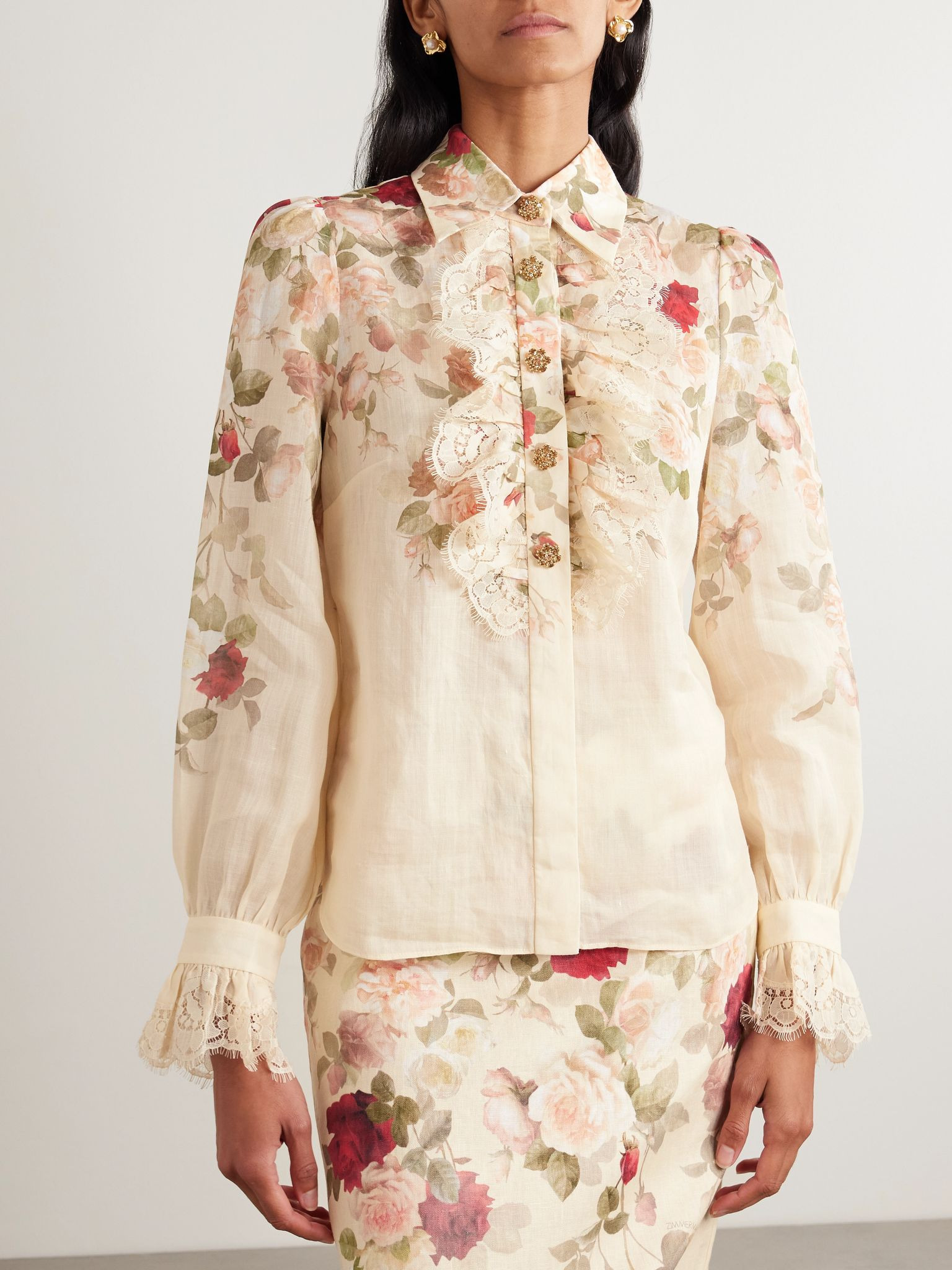 Lace-trimmed floral-print ramie shirt Cream - 3