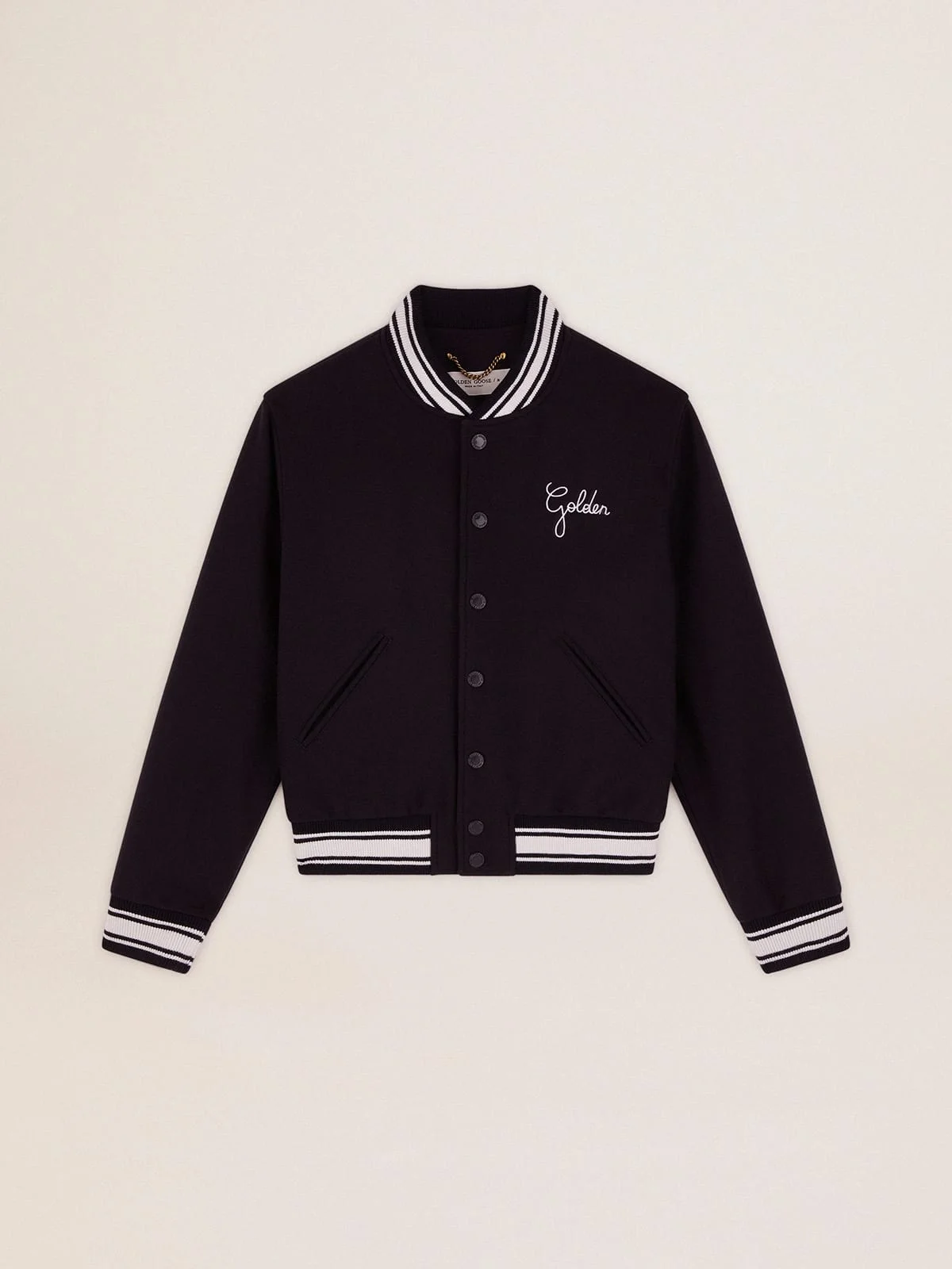 Women's bomber jacket in dark blue wool with white details - 1