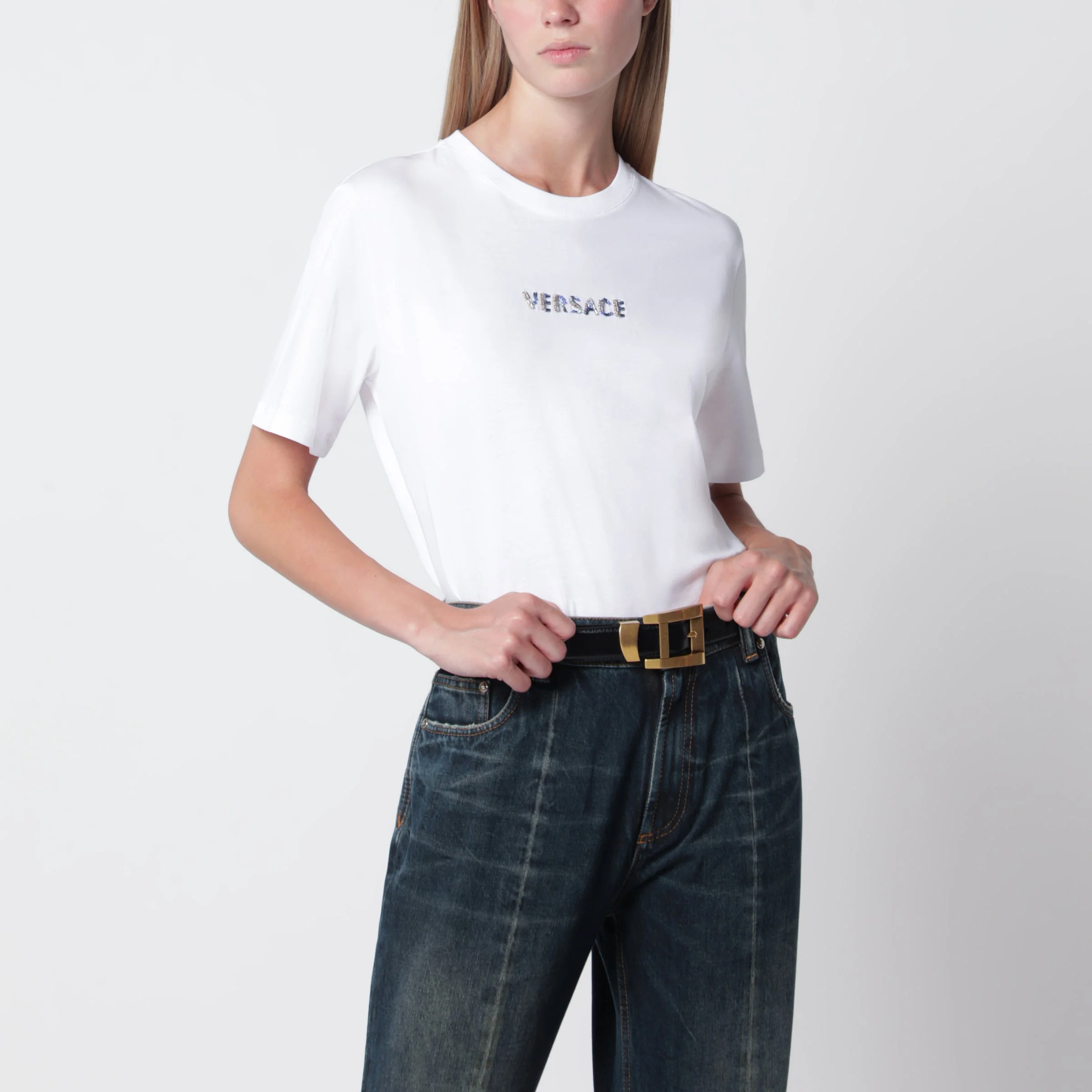 Slim cotton jersey T-shirt with embroidered logo, white - 1