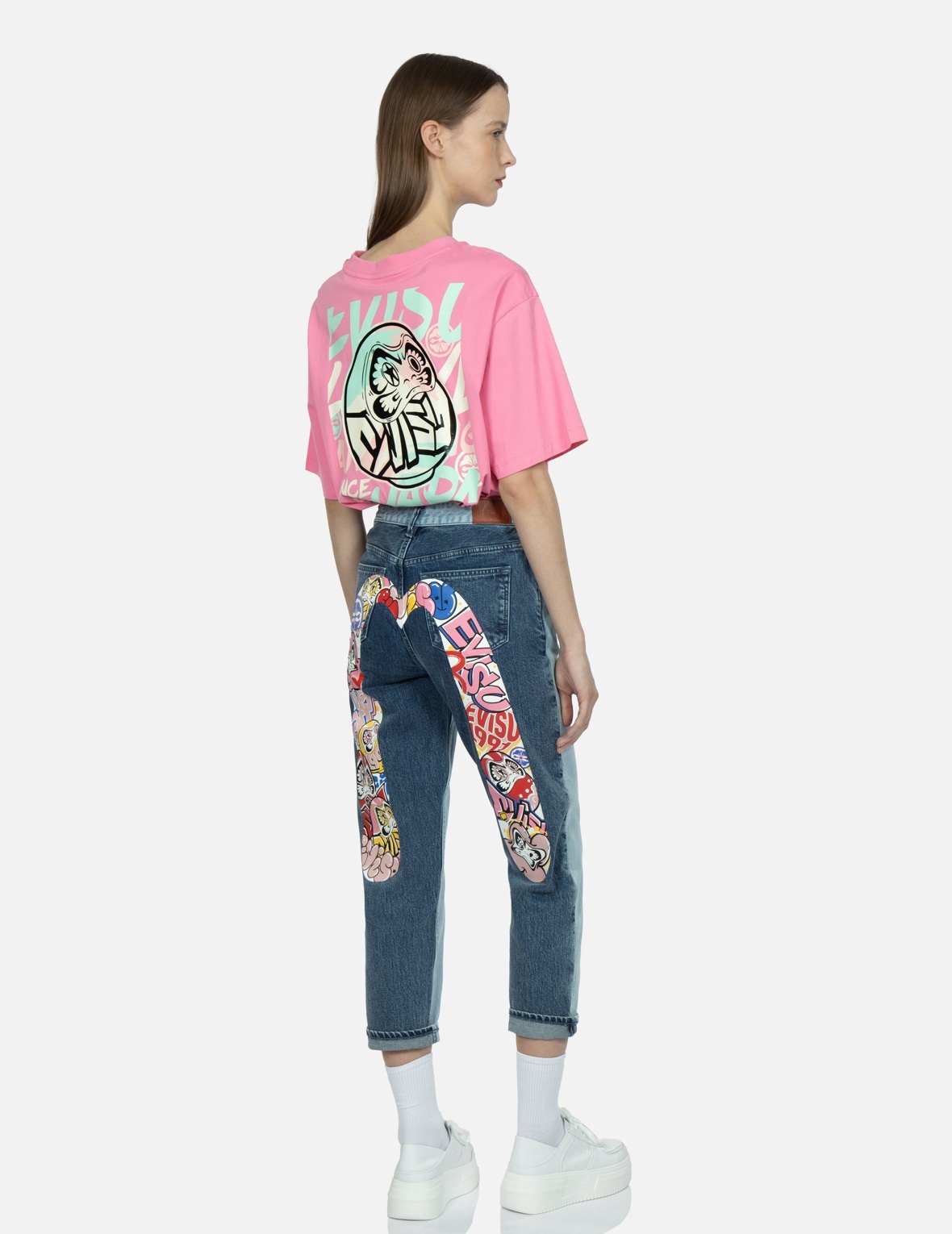 GRAFFITI DARUMA DAICOCK PRINT TWO-TONE JEANS - 3