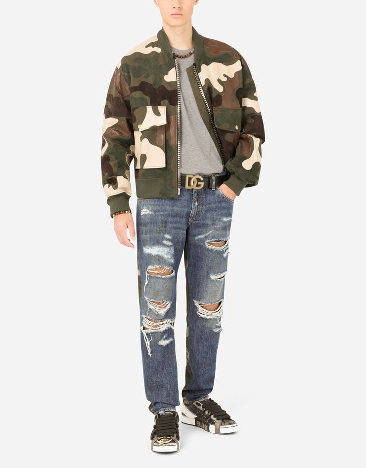 Leather and cotton jacket with camouflage intarsia - 6