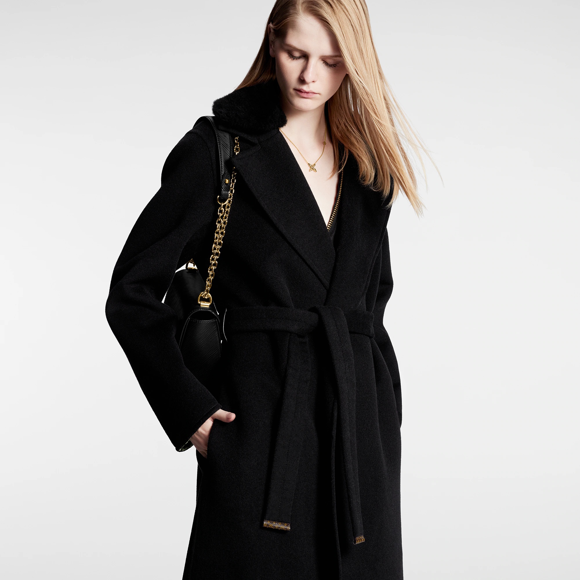 Shearling Collar Wrap Coat - 3