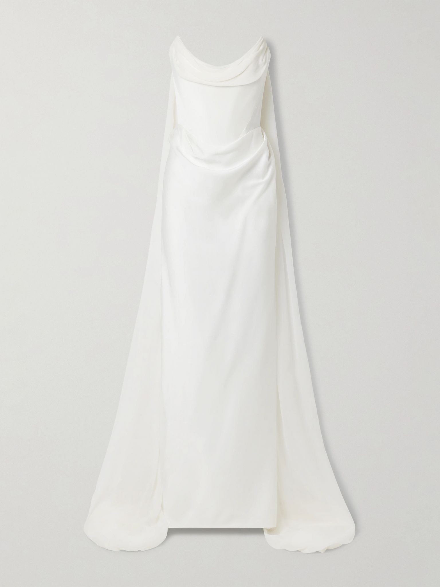 Galaxy cape-effect strapless organic silk chiffon-trimmed satin gown Off-white - 1