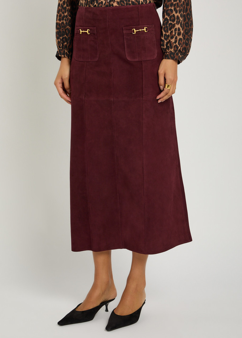 RIXO Rixo Edwina Horsebit-embellished Suede Midi Skirt outlook