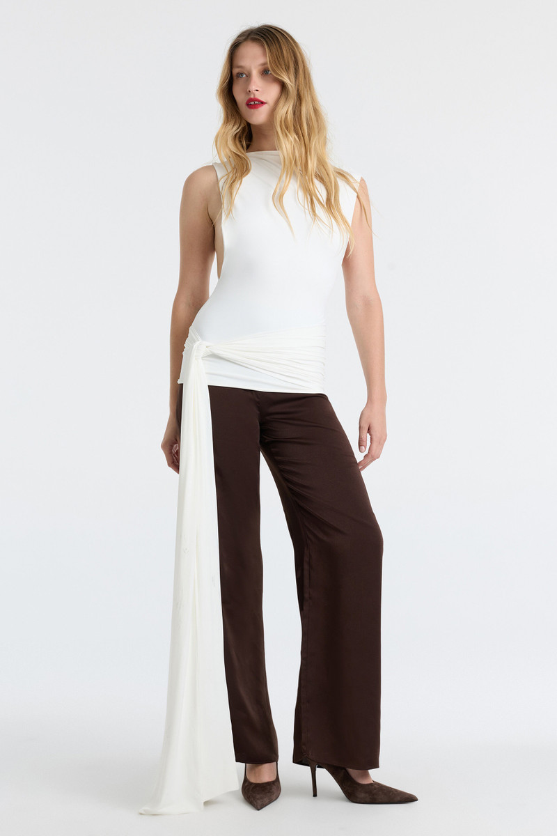 BARDOT Devin Mid Rise Satin Pant In Chocolate outlook