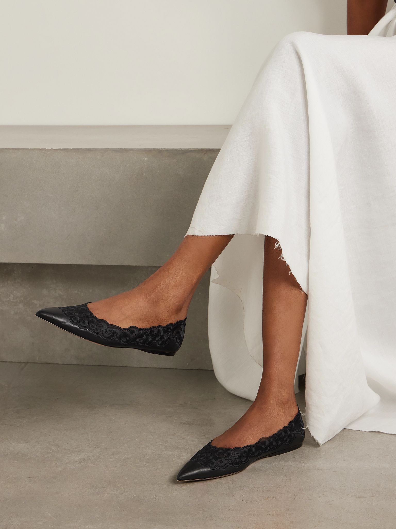 Ziva leather and embroidered tulle point-toe flats Black - 2