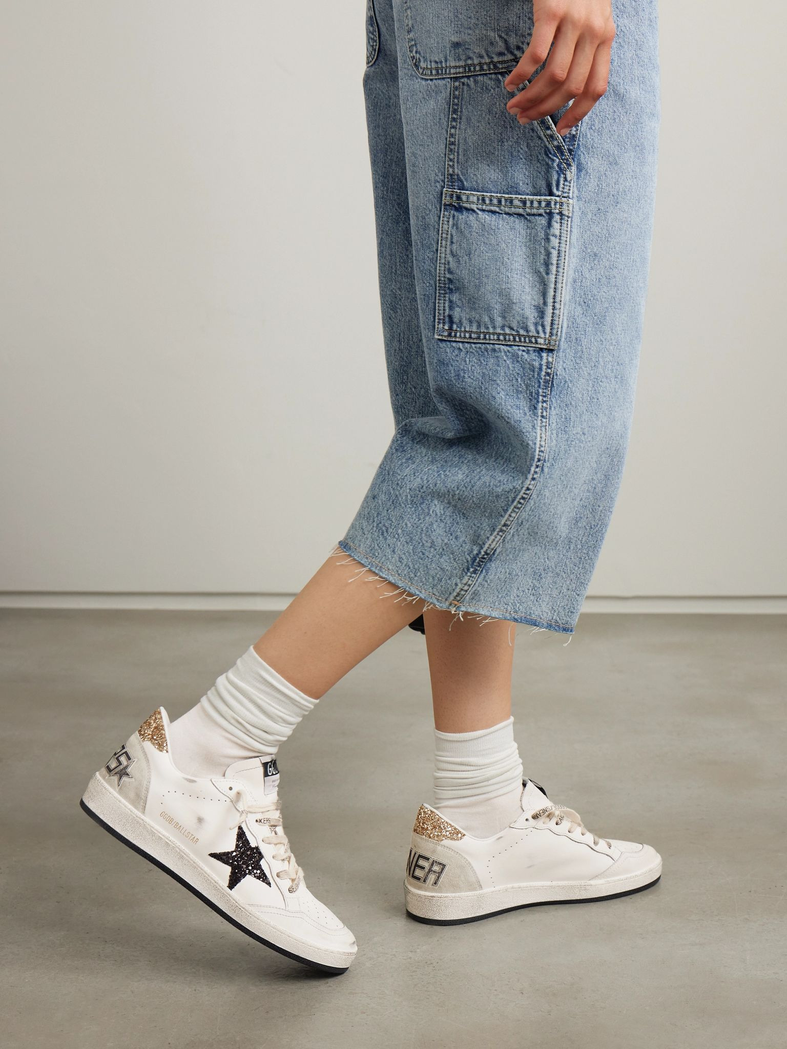 Ball Star distressed glittered suede-trimmed leather sneakers White - 2