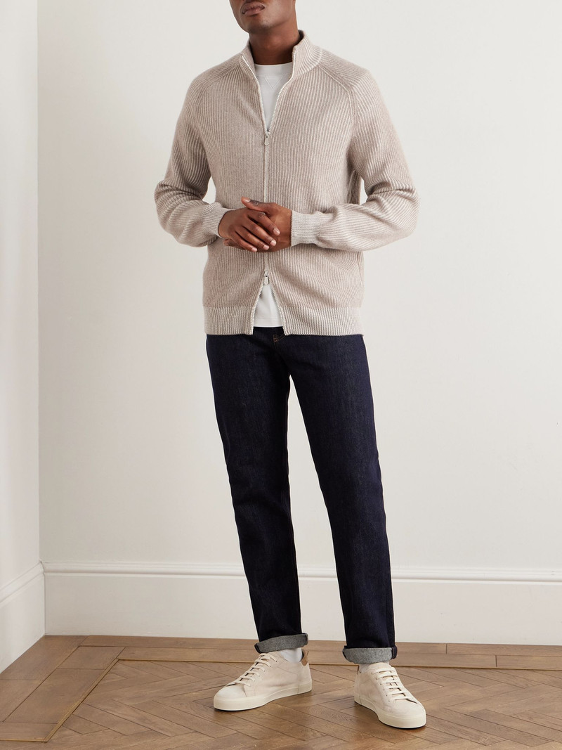 Brunello Cucinelli Slim-Fit Ribbed Cashmere Zip-Up Cardigan Beige outlook