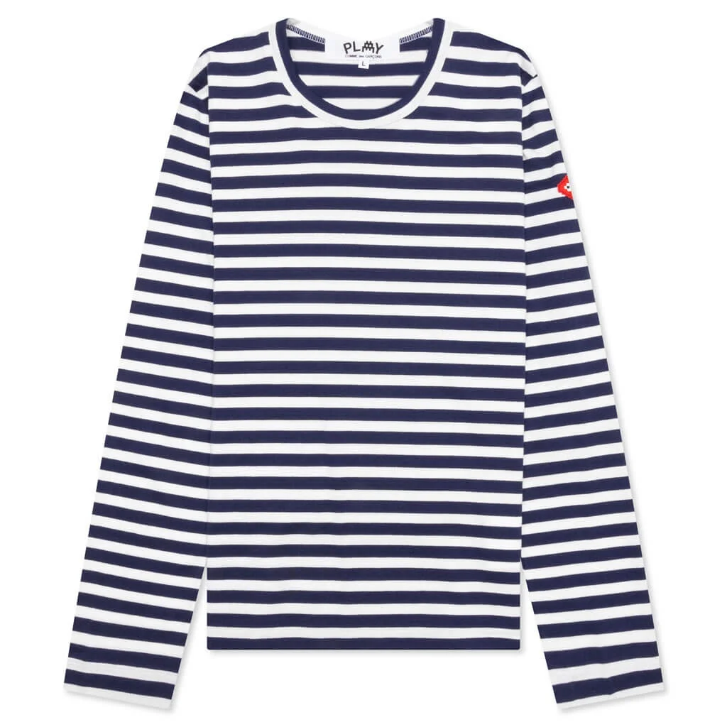 COMME DES GARCONS PLAY X THE ARTIST INVADER WOMEN'S STRIPED L/S TEE - BLUE/WHITE - 1