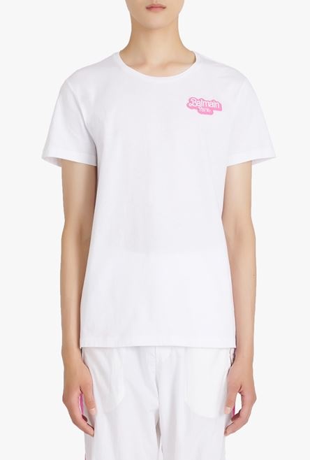 Balmain x Barbie - White eco-designed cotton T-shirt with small pink Balmain Paris logo print - 5