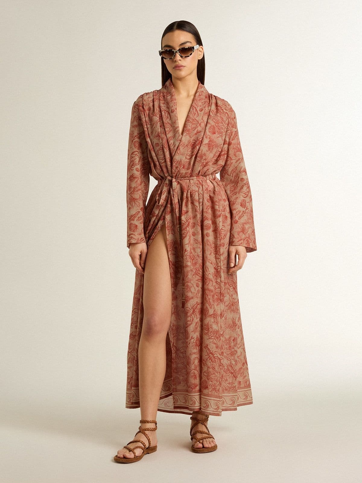 Women's kaftan in cotton voile with all-over brick-red marine print - 2