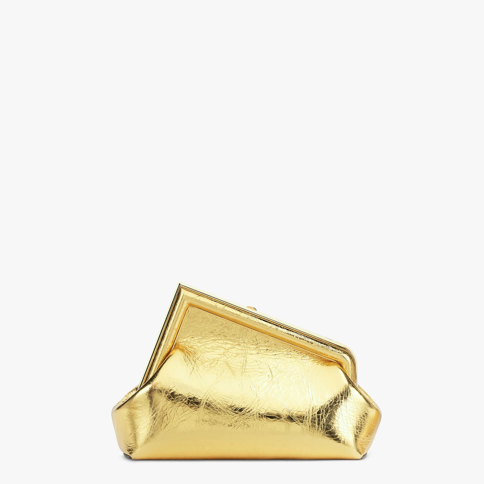 Small Fendi First bag in gold craquelé-effect laminated leather with an oversized F metal clasp with - 3